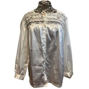 Vintage 80s Pajama Shirt Blouse Satin Long Sleeve White Lace Rose Ribbon‎ Bow S